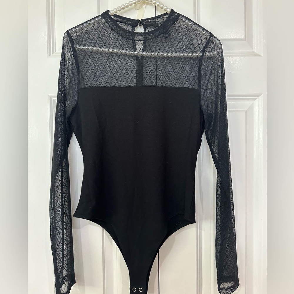Black long sleeve body suit part mesh/sheer size medium FOREVER 21